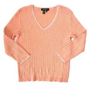 Lauren Ralph Lauren Cable Knit Peach Cotton 3/4 Sleeve Preppy‎ V-neck Sweater SM